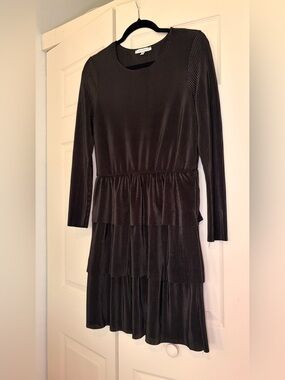 Tiered Long-Sleeve Mini Dress in Black